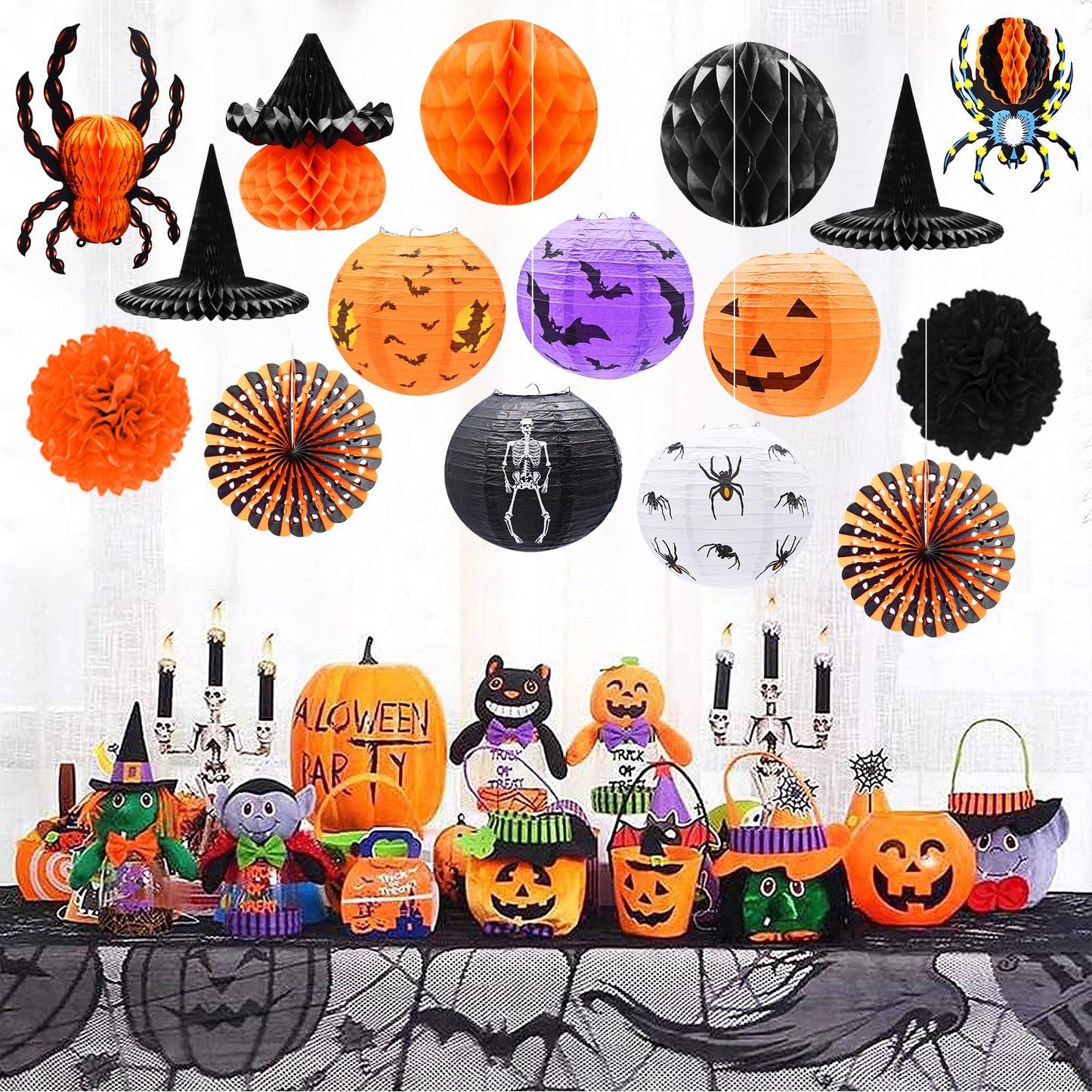 16-Pack Halloween Honeycomb Paper Lantern Ornaments – Hanging Decorations in Pumpkin, Spider, Witch Hat, and Ghost Designs for Halloween Party, Indoor Outdoor Décor, Fall Festival Supplies