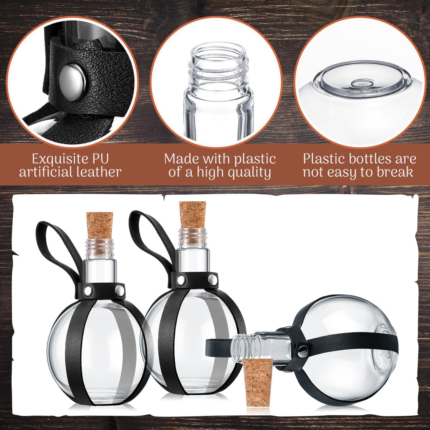 Baderke 3 Set 8 oz Plastic Potion Bottle with Cork Stopper Cosplay Accessories with Leather Belt Witch Cosplay Props Decorative Round Spherical Bottles for Halloween Party Decorations (Black)