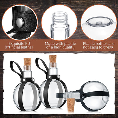 Baderke 3 Set 8 oz Plastic Potion Bottle with Cork Stopper Cosplay Accessories with Leather Belt Witch Cosplay Props Decorative Round Spherical Bottles for Halloween Party Decorations (Black)