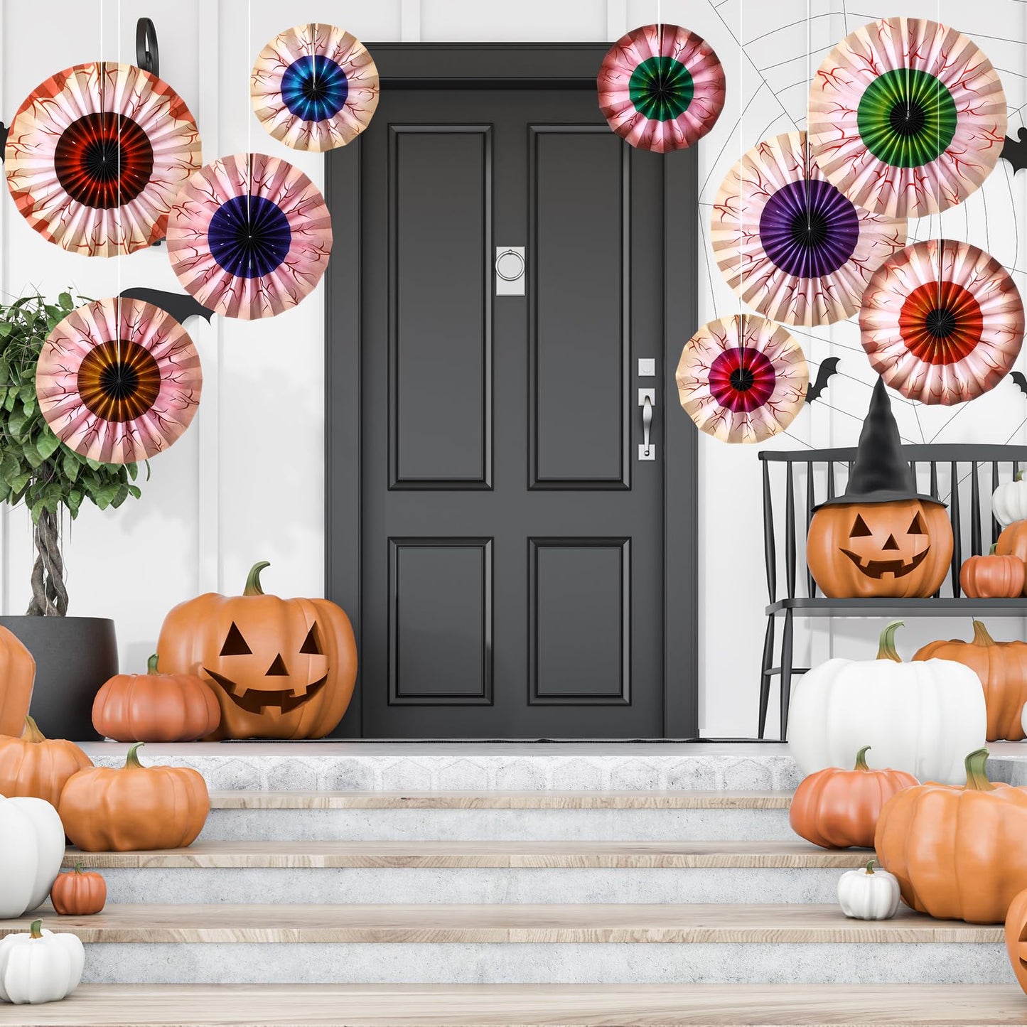 Dispowreath 9 Pcs Halloween Fans Decorations Eyeball Hanging Paper Fans Set Scary Eyeballs Wall Decoration for Halloween Party Haunted House Home Classroom Birthday Spooky Decorations Supplies
