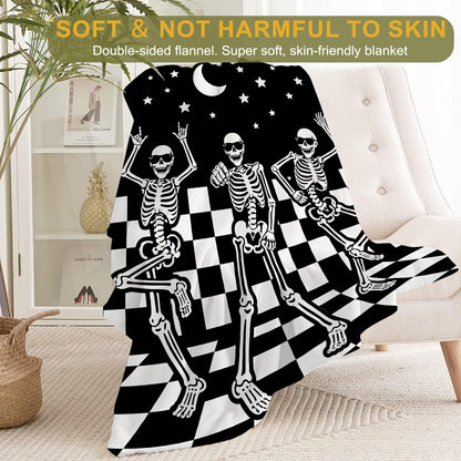 ainori Funny Skull Fleece Throw Blanket 50x60 Inch,Fun Dancing Skeleton Moon Star Checkerboard Decorative Throws,Soft Lightweight Blankets for Halloween Party Room Bedroom,Cozy Gifts for Teens Gamers