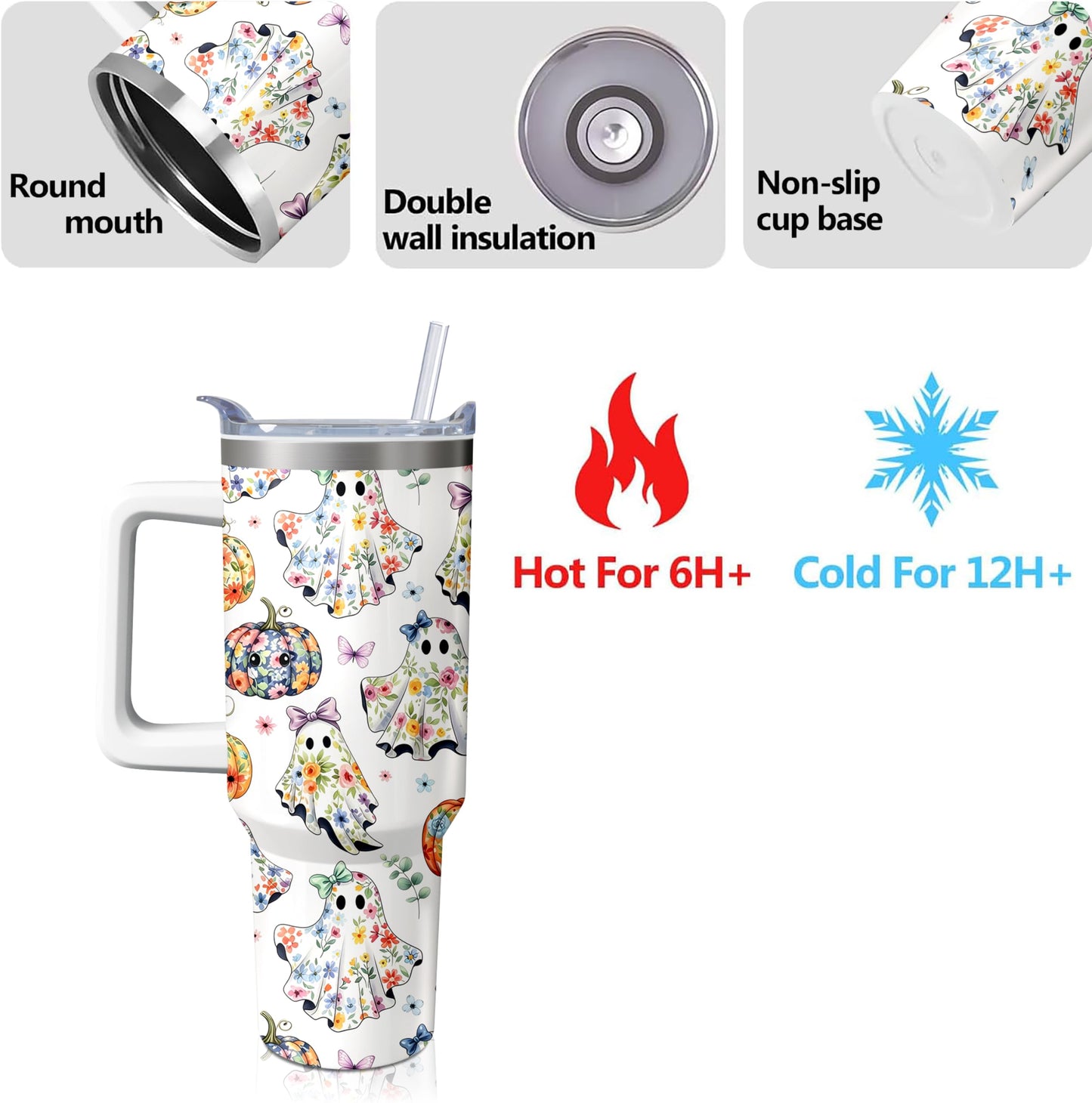 Kearscupra 40oz Cute Ghost Halloween Flowers Tumbler With Handle and Straw,Gifts for Women Pumpkin Coffee Mug Water Bottle, Stainless Steel Insulated Cup