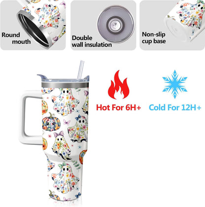 Kearscupra 40oz Cute Ghost Halloween Flowers Tumbler With Handle and Straw,Gifts for Women Pumpkin Coffee Mug Water Bottle, Stainless Steel Insulated Cup