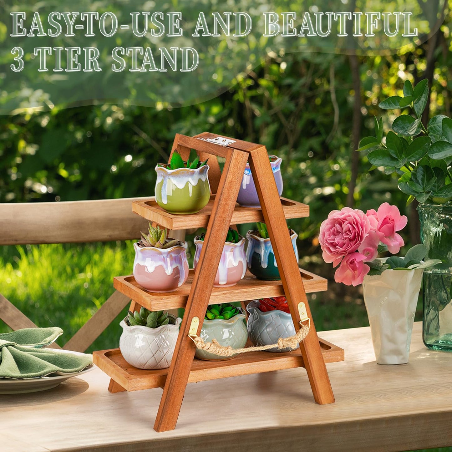 Whiidoom Cupcake Stand, 3 Tier Wood Cupcake Display Stand with Swing, Dessert Table Display Set with Serving Tray for Dessert Display for Party, Wedding, Farmhouse Decor (Brown)