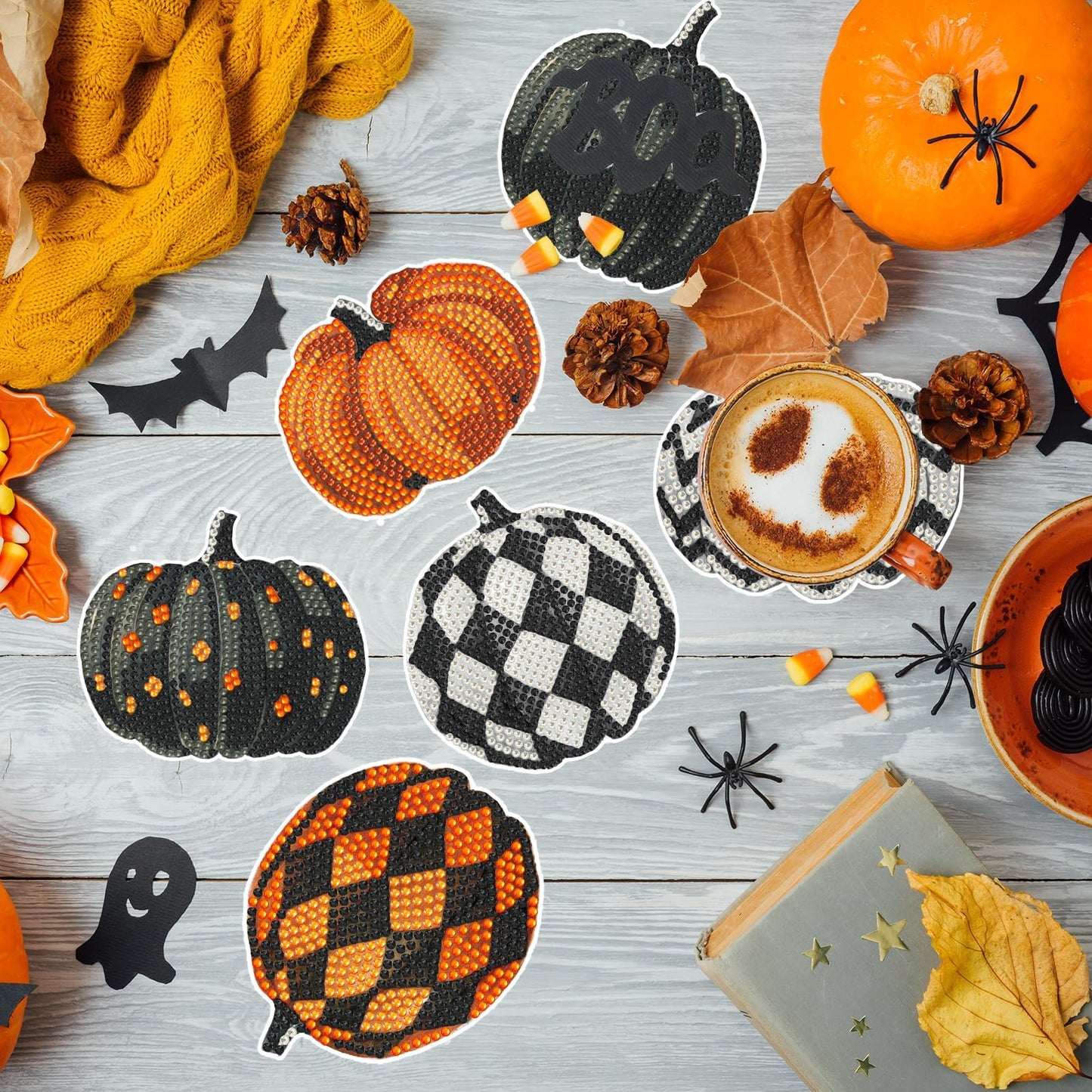 Demonwer 8 Pieces Halloween Pumpkin Diamond Coasters Kits with Holder DIY Halloween Pumpkin Diamond Art Coaster Non Slip Coaster for Adults Diamond Art Painting Kits Supplies for Gift