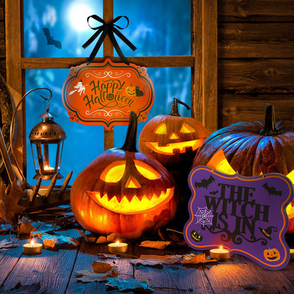4 Pcs Halloween Felt Hanging Signs for Wreaths Happy Halloween Door Decorations Trick or Treat Wall Plaque Signs Pumpkin Witch Ghost Black Cat Bat Wall Decor Halloween Welcome Signs(Funny Style)