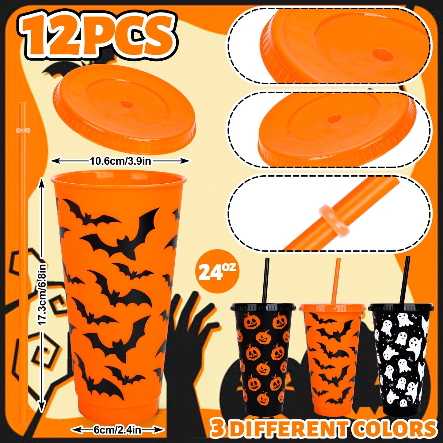 Whaline 12 Pcs Halloween Plastic Tumbler with Lids Straws Pumpkin Ghost Bats Reusable Cups 24oz Black Orange Travel Mug Cups for Iced Coffee Drinks Holiday Horror Party Supplies