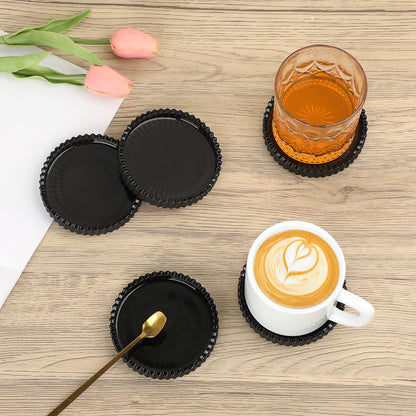 OGANAZI Glass Black Coaster Set of 5- Coasters for Glass Table Black Coasters Modern Round Cup Mats Coffee Table Decor for Kitchen, Bar, Dining Room, Living Room, Office