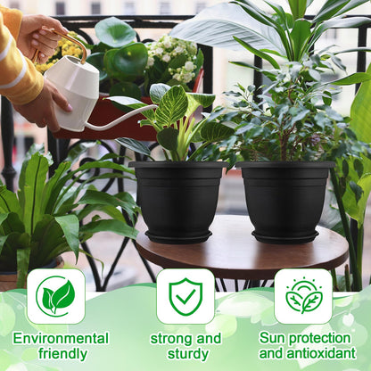 Sunnychicc 12 Pack 8+'' Plastic Plant Pots Round Planter Pots with Saucer Tray Seedling Pot Hole Seed Resin Plant Pot Starting Nursery Flower Container with Pallet for Garden Outdoor Indoor(Black)