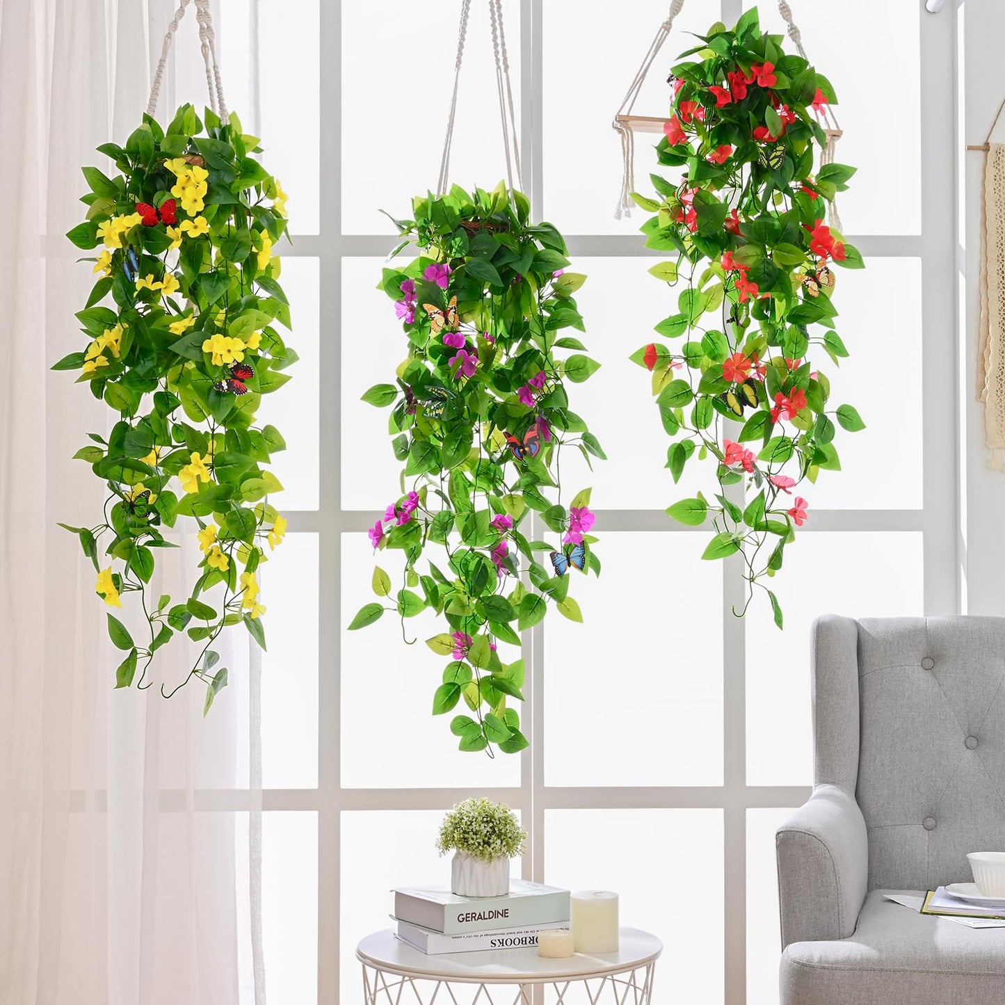 BLEUM CADE Artificial Hanging Flowers for Outdoors, 4pcs Fake Hanging Plants Pothos Vines with Yellow Flowers for Wall Home Living Room Indoor Outdoor Decor (No Baskets)
