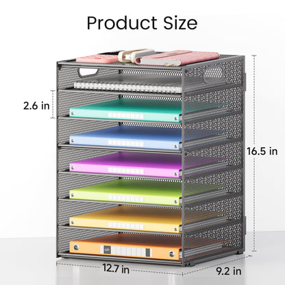 Lavatino 2 Pack 8-Tier Office Desk File Organizer, Letter Tray Paper Organizer with Handle, Including 5 Adjustable Slide Trays for Organizing Desk Workspace Accessories and Supplies (Grey Metal Mesh)