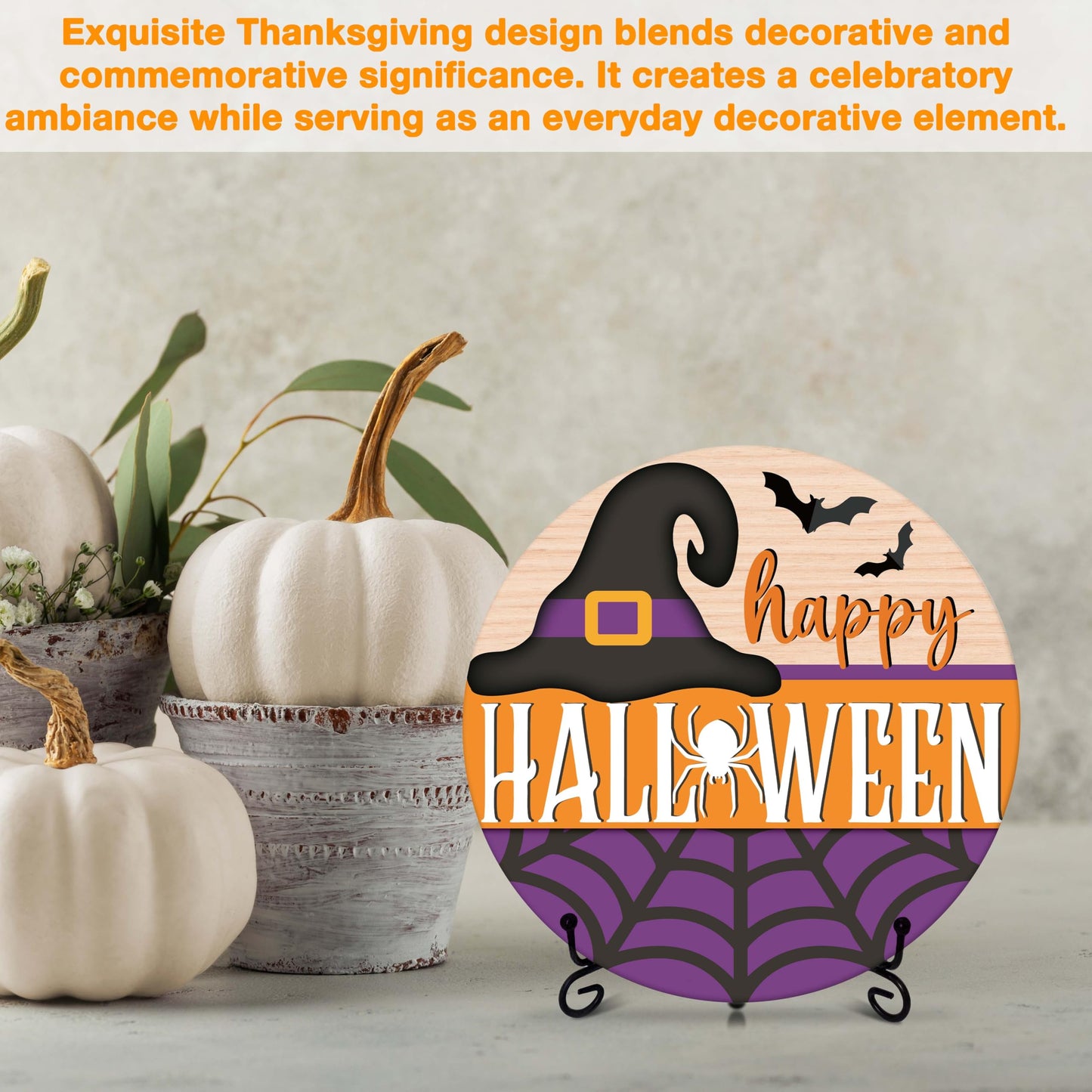 Seclate Halloween Desk Decorations for Home, Witch Hat Wooden Table Centerpieces for Office Living Room Shelf Decor, Spider Web Gifts for Women Friends - E07