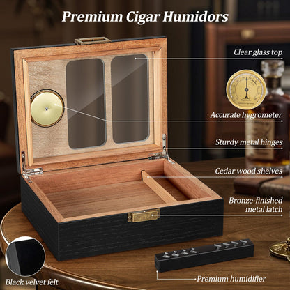 Usewire Cigar Humidor, Glass Top Cedar Cigar Case, Cigar Box for 20-30 Cigars with Hygrometer, Humidifier, Desktop Cigar Humidor, Cigar Lovers Gift (Black)