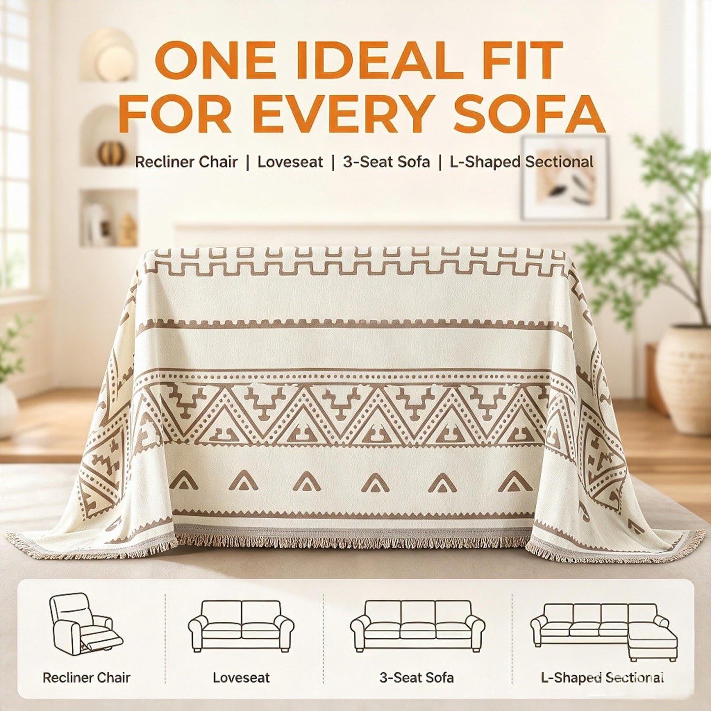 UWWGKK Boho Couch Cover for Dogs, Reversible Chenille Sofa Blanket with Tassels, Heavy Duty Geometric Slipcover for Loveseat, Recliner & L-Shaped Sectional, Beige/Brown, 71"x165"