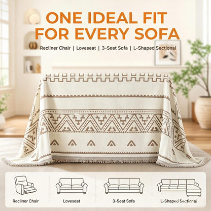 UWWGKK Boho Couch Cover for Dogs, Reversible Chenille Sofa Blanket with Tassels, Heavy Duty Geometric Slipcover for Loveseat, Recliner & L-Shaped Sectional, Beige/Brown, 71"x165"