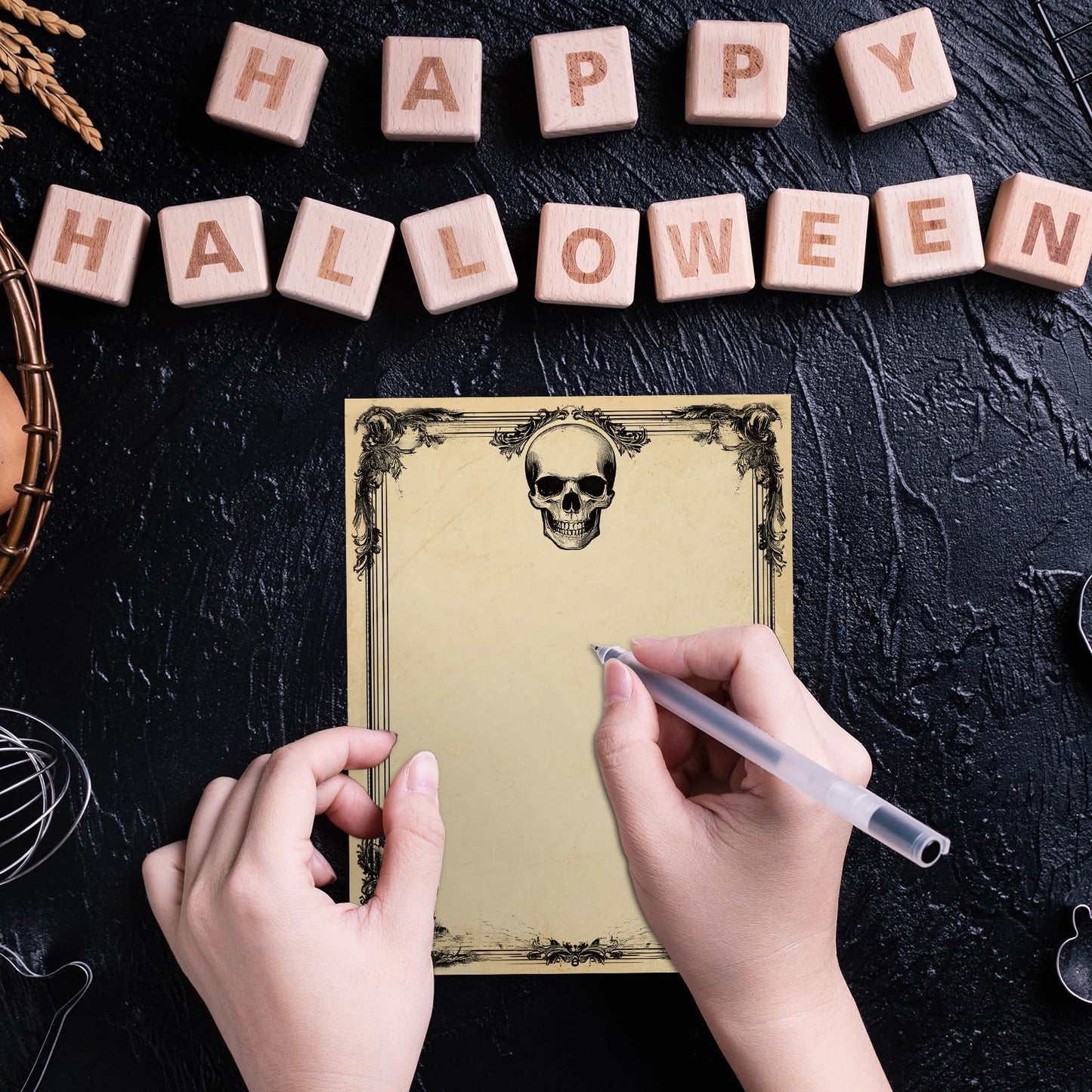 FYSUIMU 60 Sheets Halloween Skull Stationery Letterhead Paper Skull Letter Writing Paper for Notes Greeting Cards Invitation Office Printing, 8.5 x 11 Inch, Double Sided