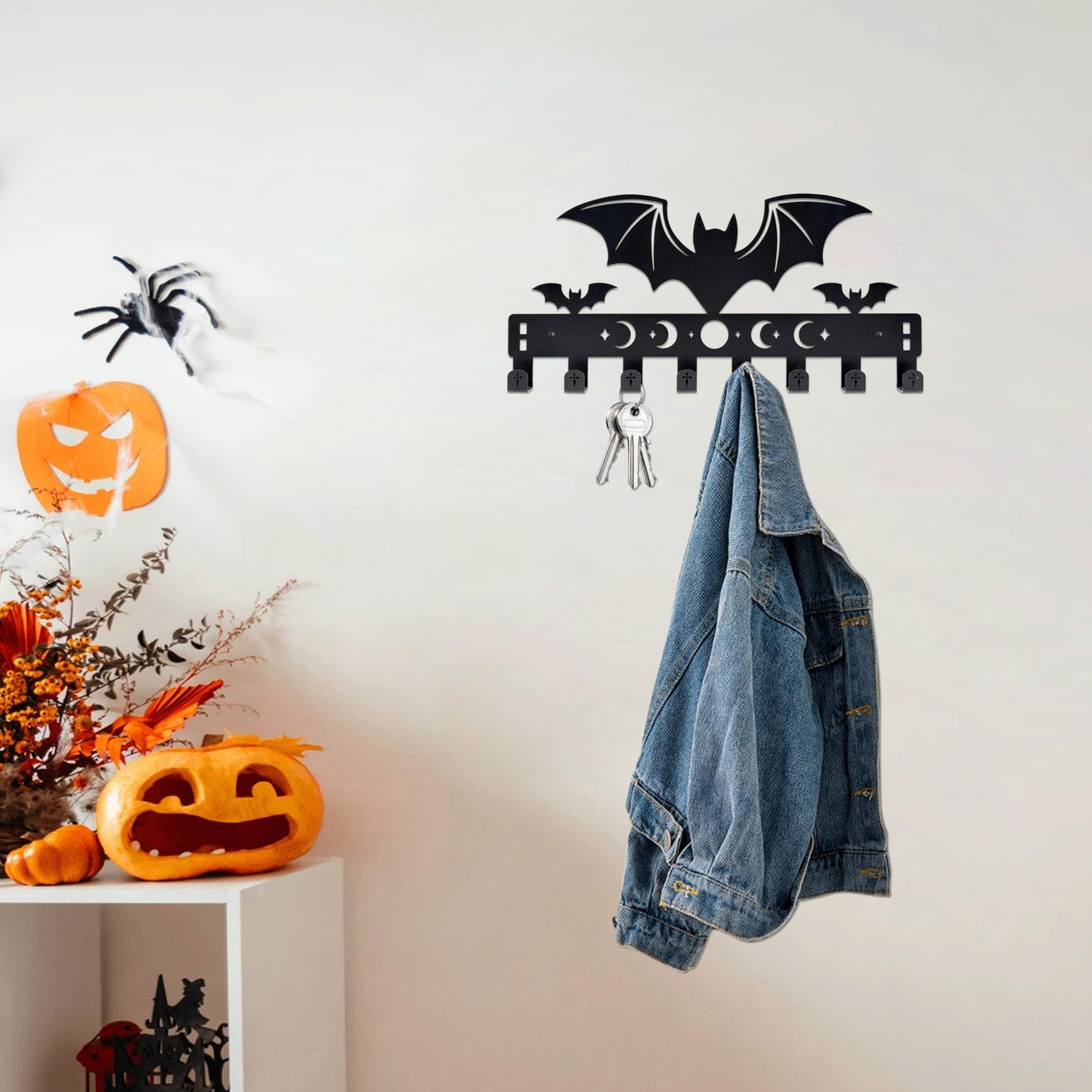 Gothic Bat Over The Door Hooks - 8-Hook Set with Moon Phase & Cross Design for Halloween Spooky Bathroom Decor | Metal Towel Hanger for Goth Home Accessories | Halloween Gothic Wall Organizer