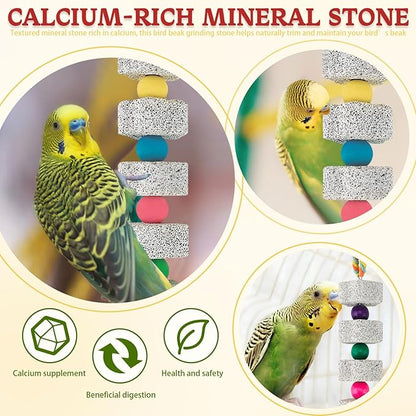 2 Pack Parrot Chewing Toys, Bird Beak Grinding Calcium Stone with Bell, Lava Mineral Block Cage Accessories for Parakeet Budgie Macaw Cockatoo Cockatiel Rat, Long