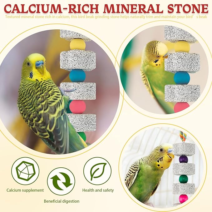 4 Pack Parrot Chewing Toys, Bird Beak Grinding Calcium Stone with Bell, Lava Mineral Block Cage Accessories for Parakeet Budgie Macaw Cockatoo Cockatiel Rat, Long+ Short