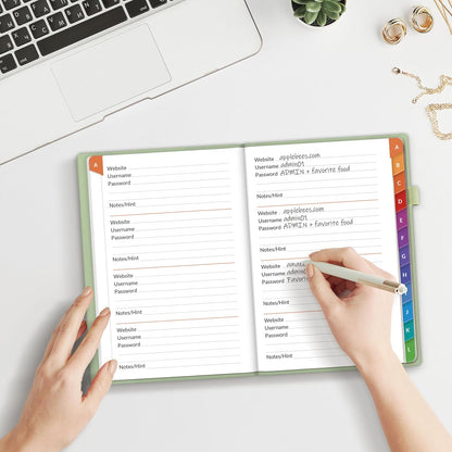 SUNEE Password Book with Colorful Alphabetical Tabs, Password Books for Seniors, Password Keeper Book for Computer and Internet Address Website Login, 5.3''x 7.7''- Sage Green