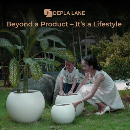 DEPLA LANE Marlo Fiberstone Round Planter (8.5" Pot Opening x 12..6" D x 9.8" H) Smooth Finishes, Lightweight, Durable, UV Resistant, Modern Minimalist Home Decor, Indoor Outdoor Plant Pot (S, White)