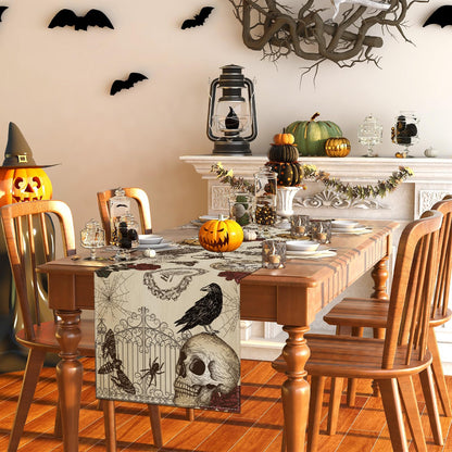 Retro Halloween Table Runner Halloween Gothic Skull Tablecloth Day of The Dead Roses Skull Decor Halloween Decorations and Supplies for Home Kitchen Table-13×108’’