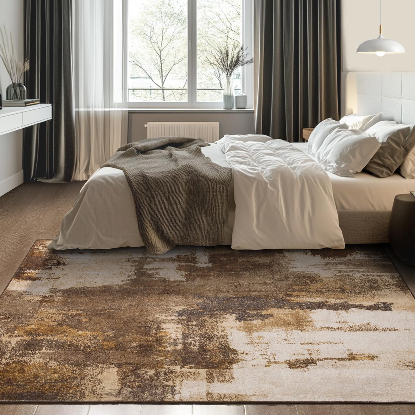 Kelarea Living Room Rug, 4x6 Rug Modern Abstract Washable Rugs Brown Foldable Faux Wool Vintage Carpets, Non Slip Rug for Bedroom, Dining Room, College Dorm, Kids Playroom, Home Office
