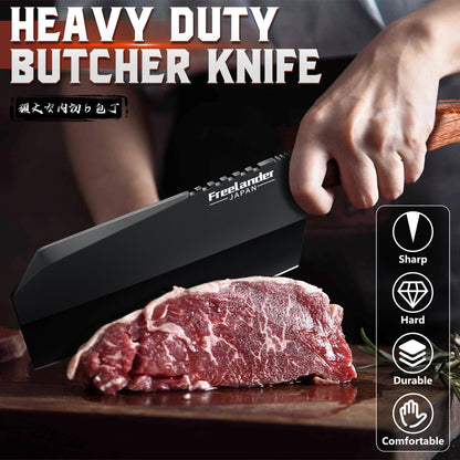 Freelander Butcher Knife Set 3 PCS, Japanese Chef Knife Set with Roll Bag, Full Tang Meat Cleaver for Kitchen & Camping & BBQ, Gift for Men