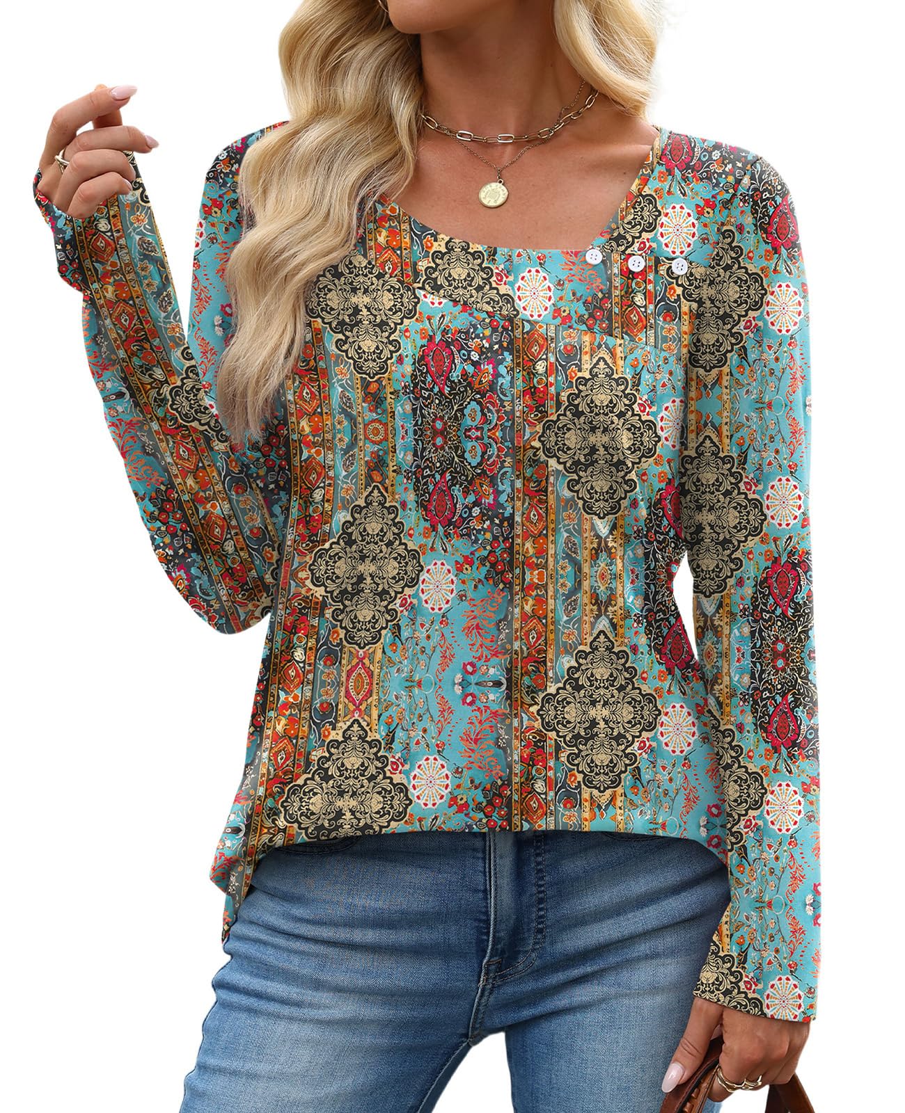 OFEEFAN Long Sleeve Shirts for Women Fall Clothes Asymmetric Square Neck Tunic Tops Decorative Buttons