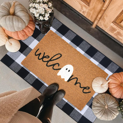 Halloween Ghost Welcome Coir Doormat 17"x30", Outdoor Front Door Mat with Cute Ghost Design, PVC Non Slip Backing, Fall Halloween Welcome Mat for Front Porch Entryway Decor