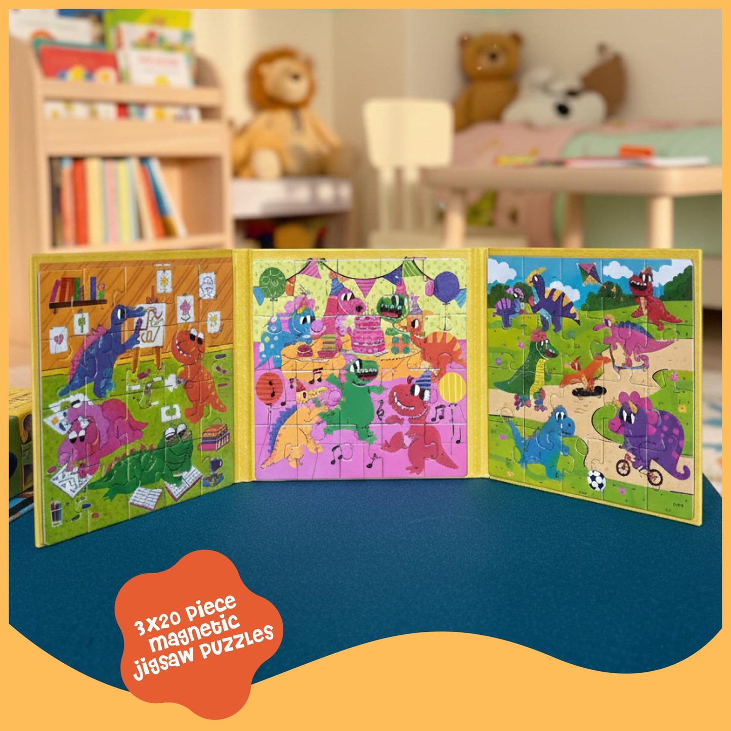 Dinomini Magnetic Puzzles for Toddlers 3-5 - Tri Fold Set with 3 x 20 Piece Magnetic Puzzles - Travel Activities for Preschoolers - Learning Activities and Toys (Dinosaurs)
