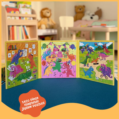 Dinomini Magnetic Puzzles for Toddlers 3-5 - Tri Fold Set with 3 x 20 Piece Magnetic Puzzles - Travel Activities for Preschoolers - Learning Activities and Toys (Dinosaurs)