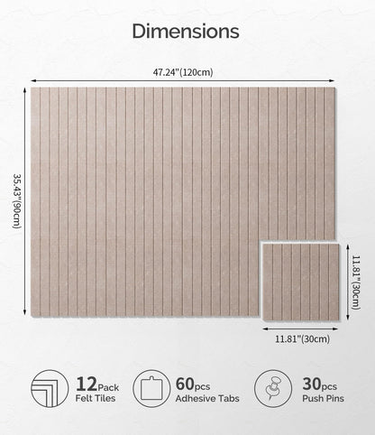 Bounmer Large Cork Board Alternative 48“ x 36”, 12-Pack Felt Bulletin Board Tiles with 60 Safe Removable Adhesive Tabs & 30 Pushpins, Cork Boards for Office Walls Decor (Taupe)
