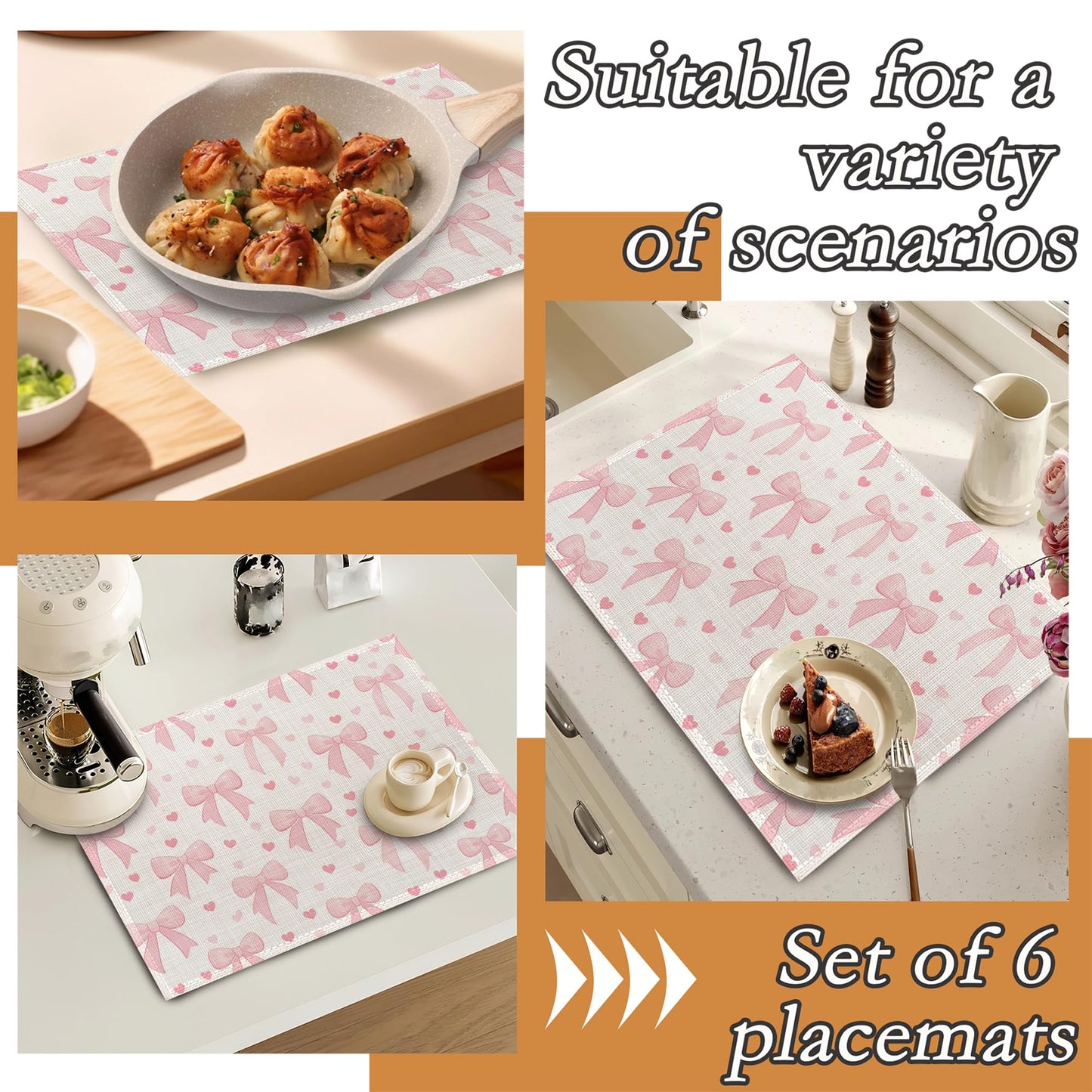 Placemats Set of 6,Cute Pink Bow Heart Heat Resistant Kitchen Table Mats for Indoor and Outdoor,Washable Wipe Clean Dining Placemat 12 x 18 Inches