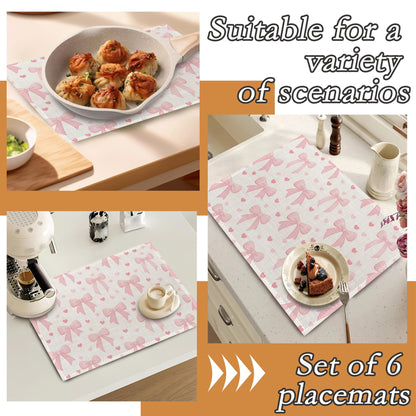 Placemats Set of 6,Cute Pink Bow Heart Heat Resistant Kitchen Table Mats for Indoor and Outdoor,Washable Wipe Clean Dining Placemat 12 x 18 Inches