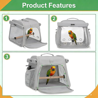 Small Bird Carrier Travel Cage, Portable Bird Cages Bag with Standing Perches for Parrots, Breathable Birds Backpack with Transparent Window for Parakeet Cockatiel Budgies, Grey