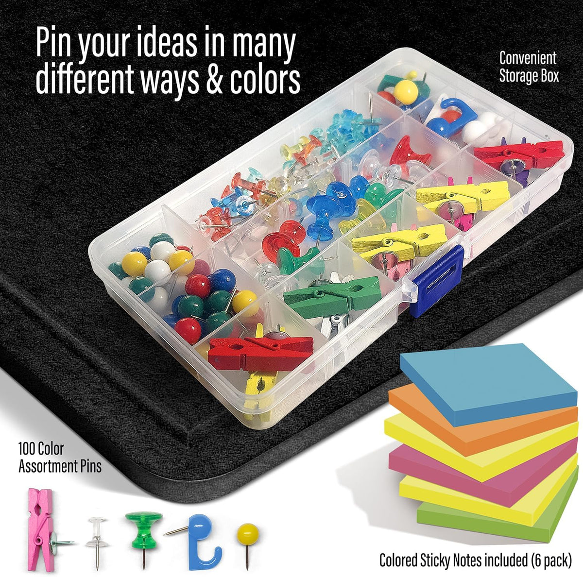 Large Bulletin Board 48 x 36 Inches - Foldable Felt Bulletin Board for Wall, Cork Board Alternative with 100 Color Pins & 6 Note Pads, Vision Board - Black