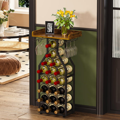 X-cosrack Wine Rack Freestanding Floor, Wine Storage Rack Mini Bar Table with Tabletop, Glass Holder Wine Bottle Display Stand Liquor Cabinet for Home Bar Kitchen Living Room