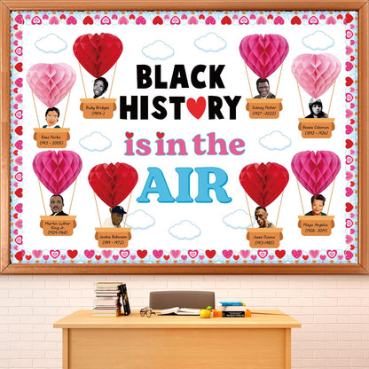 3D Valentine's Day Black History Month Bulletin Board Set Heart Shaped Honeycomb Balls Famous African American Classroom Decoration Inspirational Cutouts for School Home Chalkboard Wall Decor Supplies