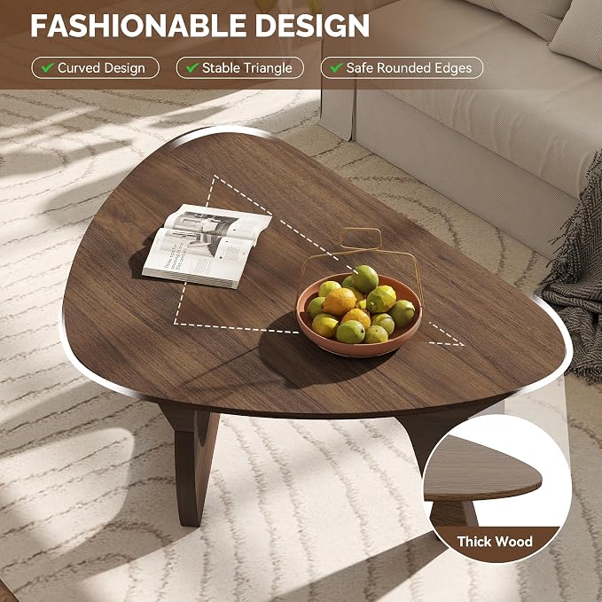 Modern Wood Coffee Table, Triangle Center Table with Premium Wooden Top& Unique Base, 35.5” Small Mid Century Tea Tables for Living Room, Apartment, Office,Walnut