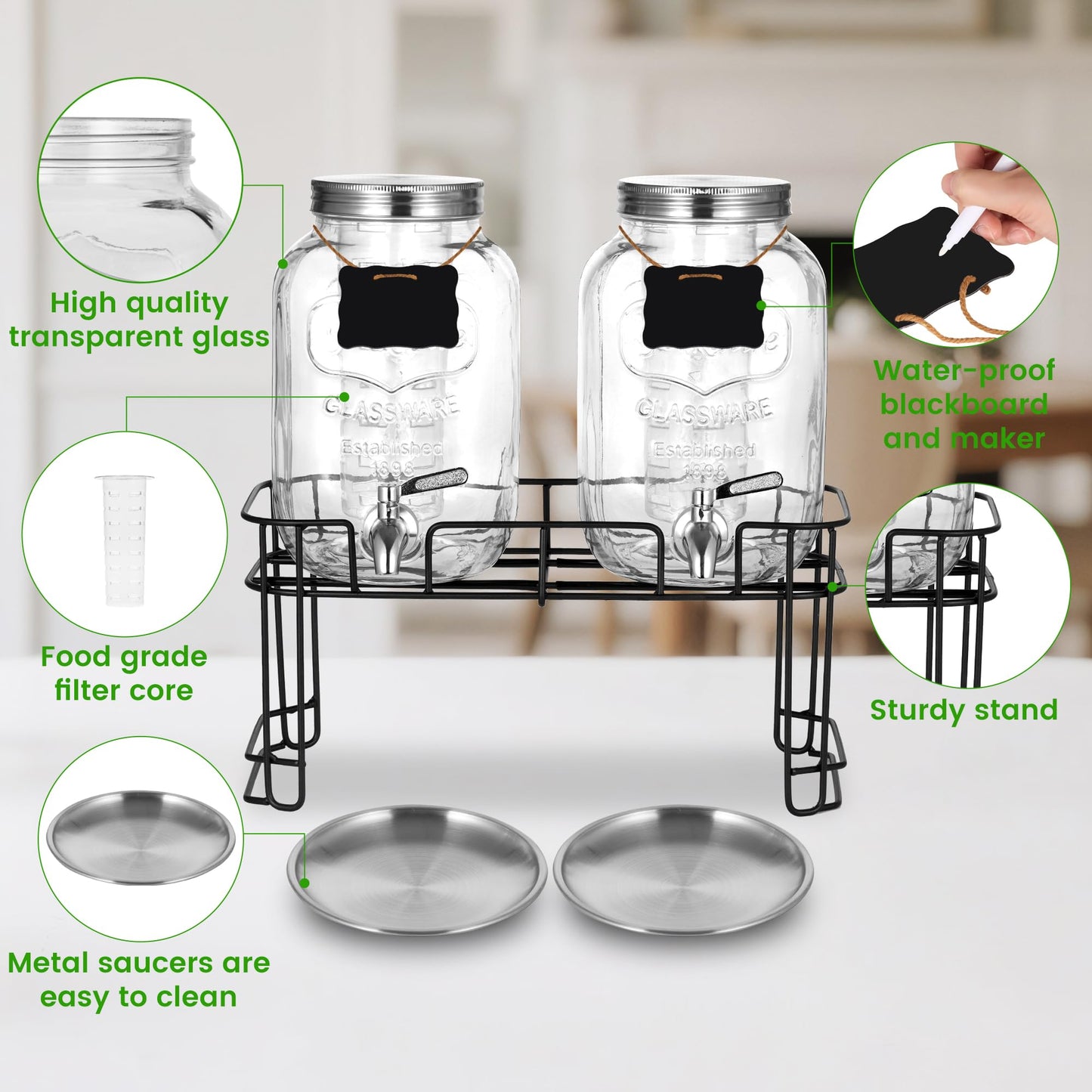 Drink Dispenser, 2 Pack 1 Gallon Glass Drink Dispensers For Parties,Beverage Dispenser, Glass Drink Dispenser With Stand And Spigot (Stainless Steel Spigot)
