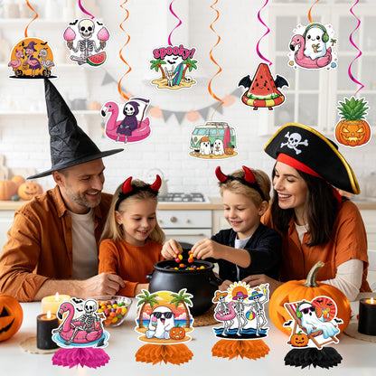 RUBOAOA Summerween Party Decorations, 14 Pcs Hot Ghoul Summer Decor with Banner Hanging Swirl Honeycomb Centerpieces, Tropical Spooky Ghost Skeleton Halloween Decor for Summer Beach Pool Luau Birthday
