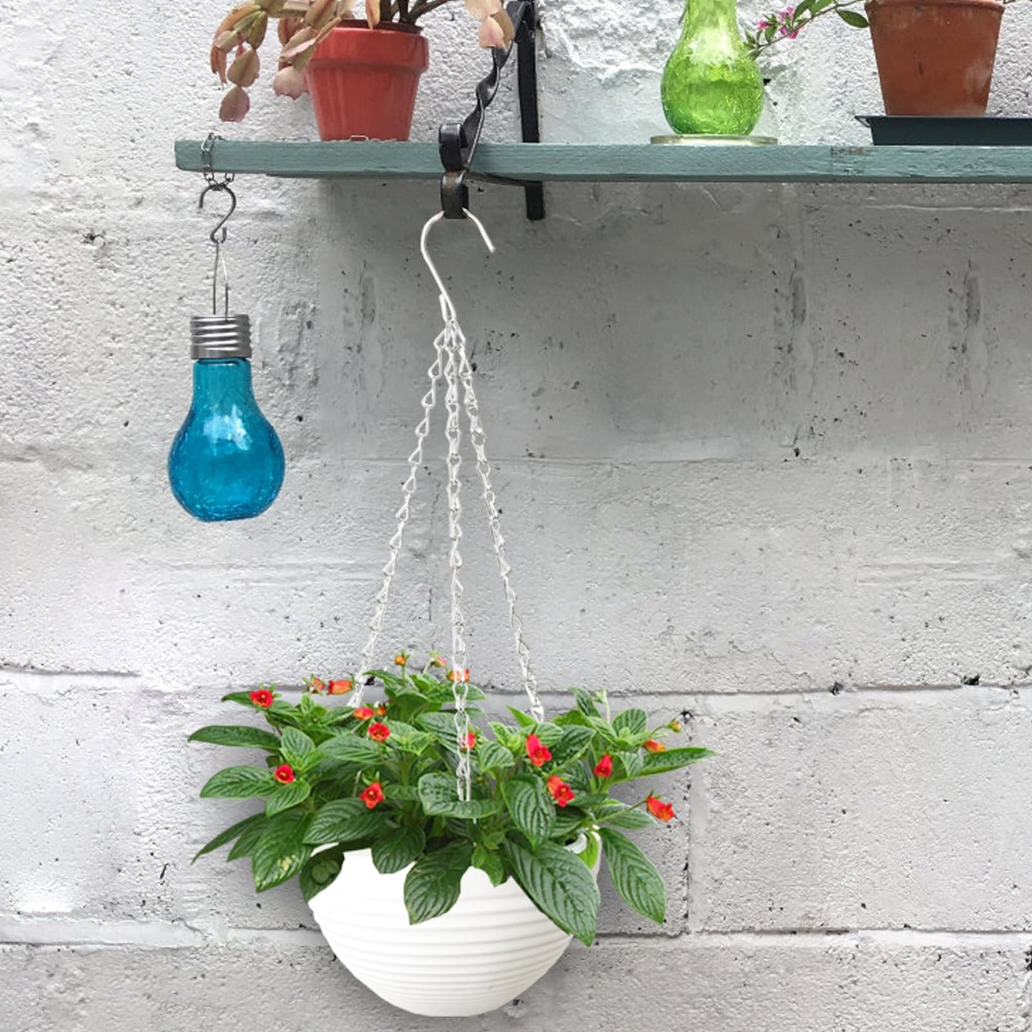 Srmayyi 4 Pack 8 inch Plastic Self Watering Hanging Planters,Round Hanging Basket Planter with Drainer and Metal Chain,White Garden Flower Plant Pot Container for Indoor Outdoor Plants