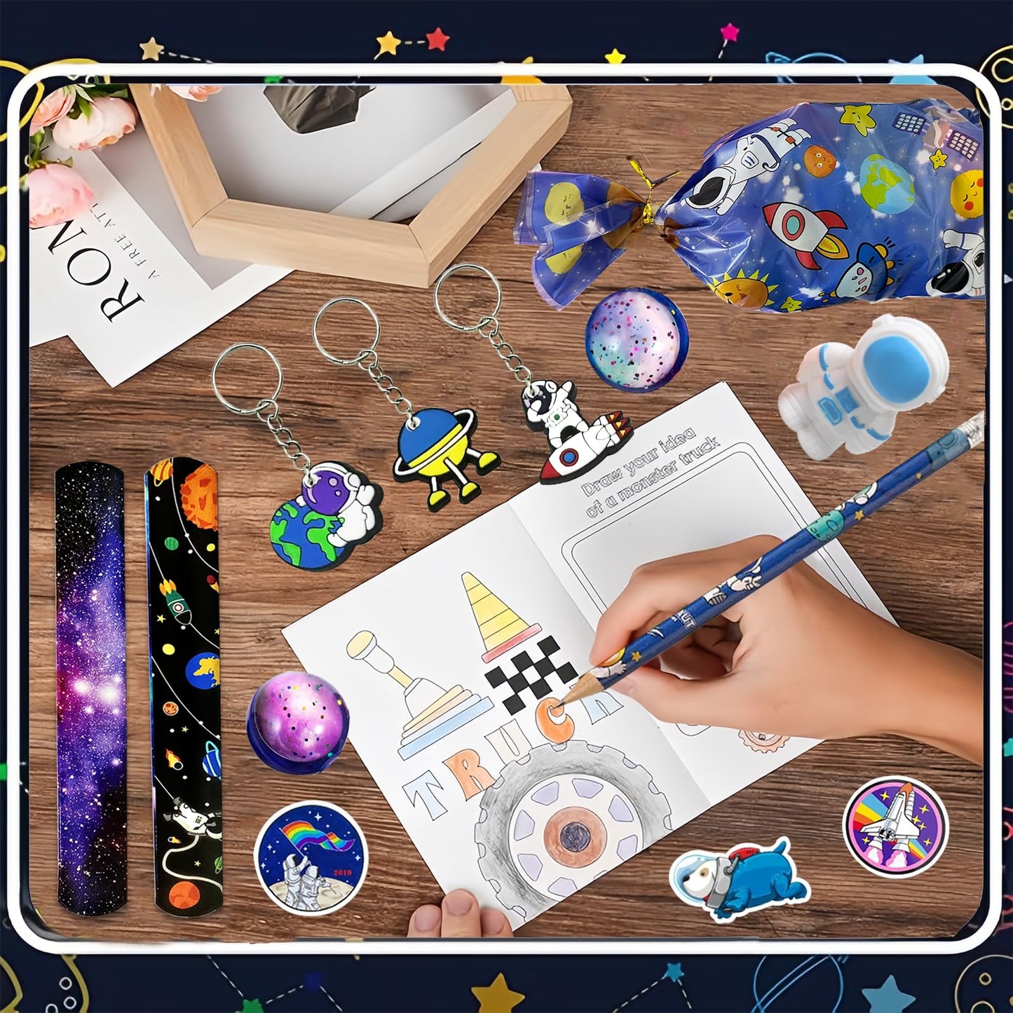 QZYCMHOO 152PCS Space Party Favors Set, Outer Space Birthday Decorations Including Slap Bracelets, Keychains, Gift Bags, DIY Stickers, Drinking Straws, Alien Birthday Supplies