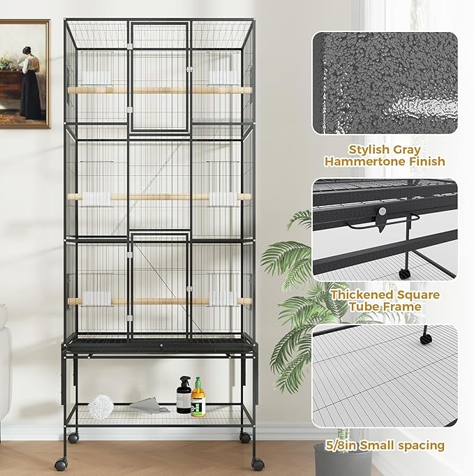 GarveeHome 69 Inch Large Bird Cage, Bird Cage with Rolling Storage Stands, Feed Bowls, Wide Tall Parrot Cage for Parakeets, Conures, Cockatiel, Cockatoo