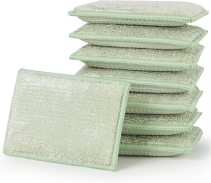 JEBBLAS Bamboo Natural Kitchen Sponges Dish Sponge Cleaning Sponge Heavy Duty Scrub Sponge for Cleaning Kitchen and Household Green (8 Pack)