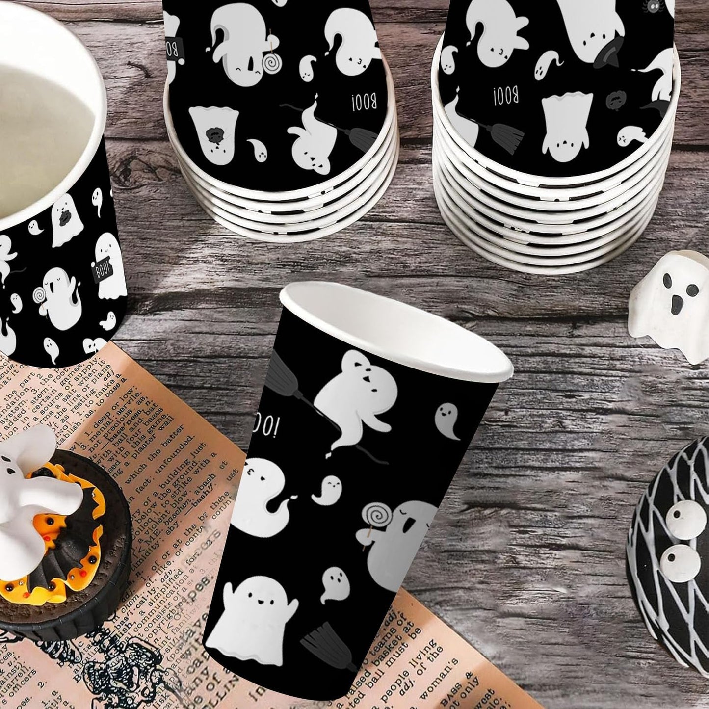 AIBIIN 50 PCS Halloween Party Paper Cups 16 oz Black White Ghost Coffee Cups Cute Halloween Disposable Cold Hot Chocolate Paper Coffee Cup Decorations Boo Ghost Table Party Supplies Decorations