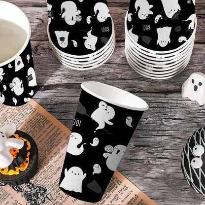 AIBIIN 50 PCS Halloween Party Paper Cups 16 oz Black White Ghost Coffee Cups Cute Halloween Disposable Cold Hot Chocolate Paper Coffee Cup Decorations Boo Ghost Table Party Supplies Decorations
