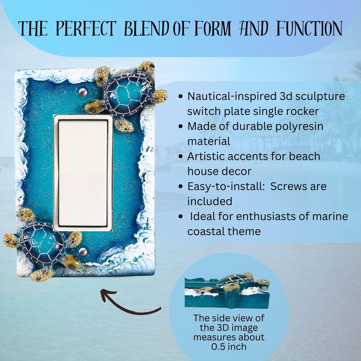 BestGiftEver Nautical Single Rocker Switch (1 Gang) Decorative Light Switch Plate Cover with Sea Turtle and Ocean Waves Design, Coastal Home Décor for Unique Lighting Accents