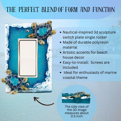 BestGiftEver Nautical Single Rocker Switch (1 Gang) Decorative Light Switch Plate Cover with Sea Turtle and Ocean Waves Design, Coastal Home Décor for Unique Lighting Accents